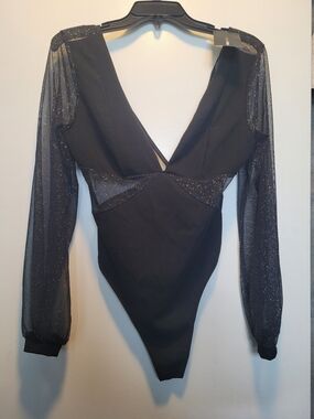Black Glitter Mesh Sleeve V-Neck Bodysuit